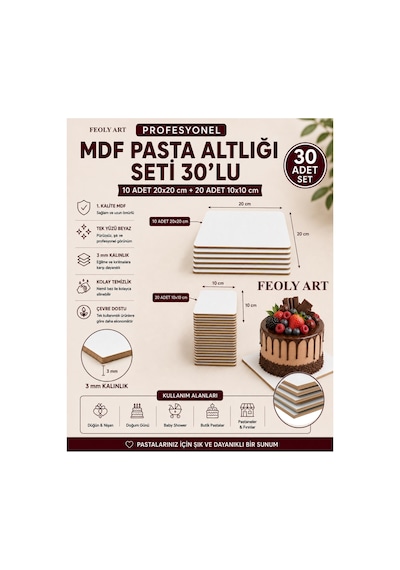 Profesyonel Mdf Pasta Altlığı Seti 30'lu 10 Adet 20x20 Cm + 20 Adet 10x10 Cm 2,7-3 Mm Tek Yüzü Beyaz Beyaz / Kahverengi