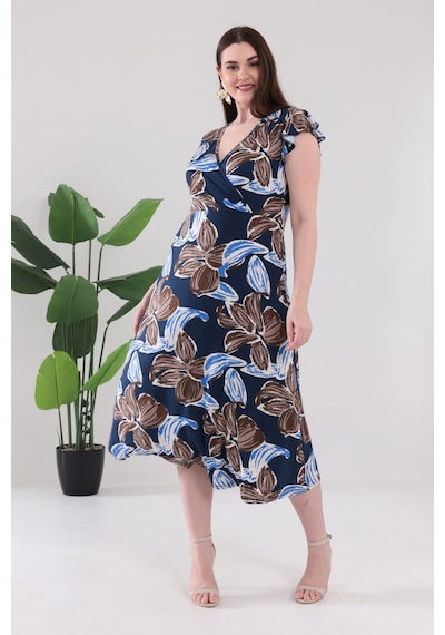 Madwilo Kadın Lacivert Floral Desen Fırfır Kol Kruvaze Yaka Büyük Beden Esnek Maxi Elbise