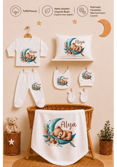 Pia Baby 11 Parça İsme Özel Kız Bebek Hastane Çıkışı %100 Pamuk Organik Baskılı 1012110x Ekru