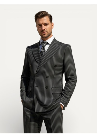 Hermose Sartorial Onyx Siyah Kruvaze Çizgili Takım Elbise