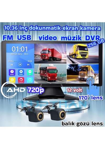 2 Adet 720p Ahd 170'' Kamera Dokunmatik 10.36'' Video Müzik Dvr Ekran Seti 12 V