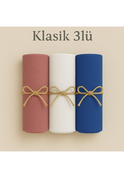 Mim Eşarp Penye Pamuksu Şal Klasik 3 Lü Set Gül Kurusu - Beyaz - Saks