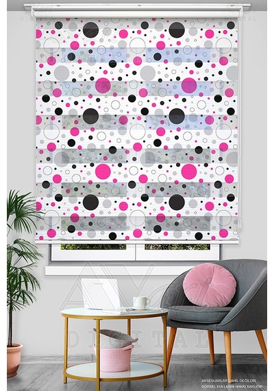 Pembe Siyah Puantiye Baskılı Zebra Perde - Dijital Baskılı Zebra Perde Pembe