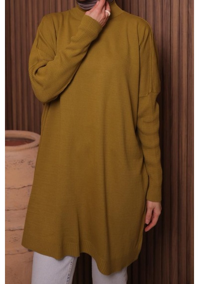 Balenbi Kadın Dik Yaka Basic 80cm Salaş Oversize Triko Tunik 1145 Hardal