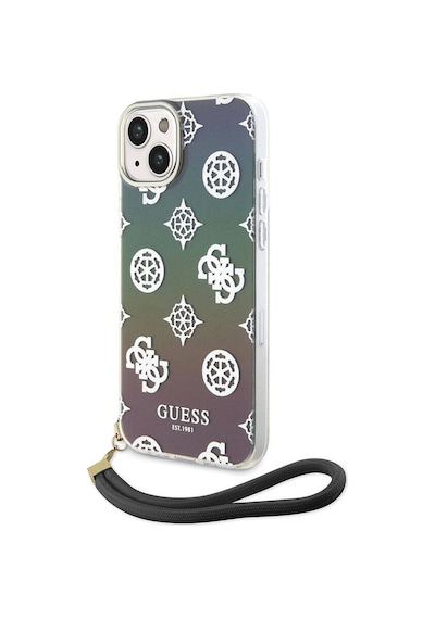 Apple Uyumlu iPhone 15 Kılıf Guess Lisanslı Desenli Yazı Logolu Askı İpli Holografik Glitter Peony Siyah
