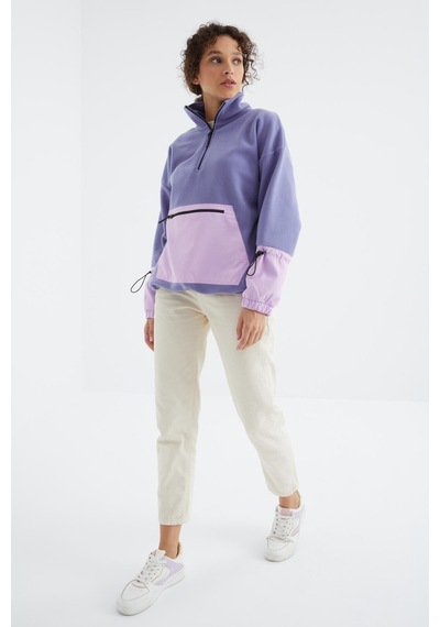 Tommy Life Açık Eflatun Etek Ucu Büzgülü Yarım Fermuarlı Oversize Kadın Polar Sweatshirt - 97238 Eflatun