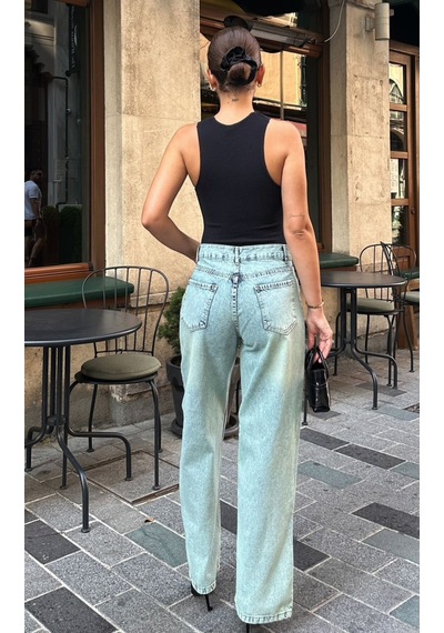 Kene Jeans Kadın Tintli Çift Düğme Yıkamalı Bol Paça Kot Pantolon Yeşil