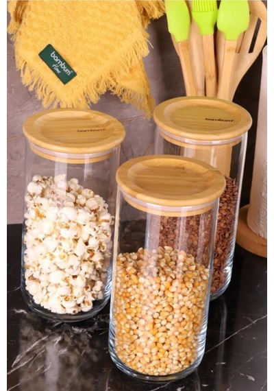 Duo 1300ml 3'lü Saklama Kabı-bambu Kapaklı Cam Baharatlık