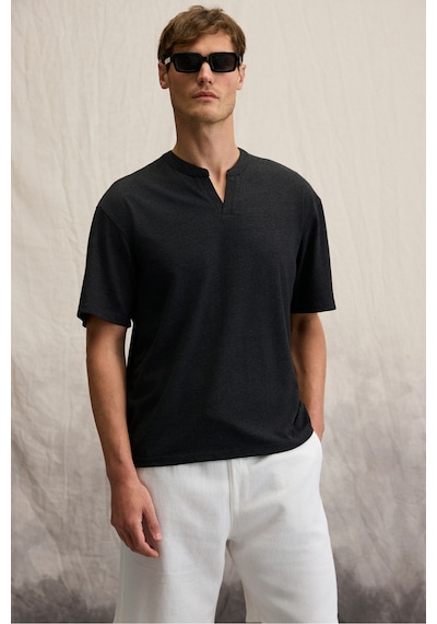 Grimelange Grımelange Tuomo Erkek Hakim Yaka Kısa Patlı Kısa Kollu Relaxed Fit Siyah T-shirt Siyah