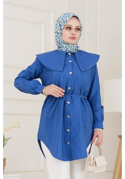 Sevitli Beli Bağcık Detaylı Geniş Yaka Tunik-indigo-4994 Indigo