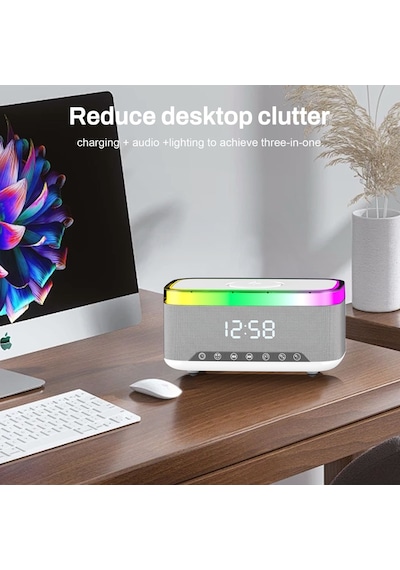 Kablosuz Bluetooth Hoparlör - Üstten Telefon Şarj Özellikli, Rgb Tasarım, Alarm & Saat Göstergeli