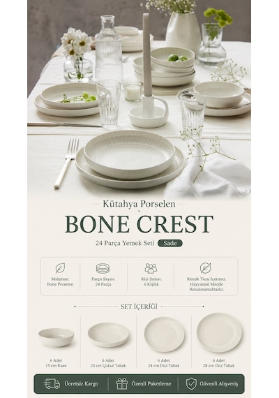 Kütahya Porselen Bone Crest 24 Parça 6 Kişilik Yemek Takımı Sade Krem