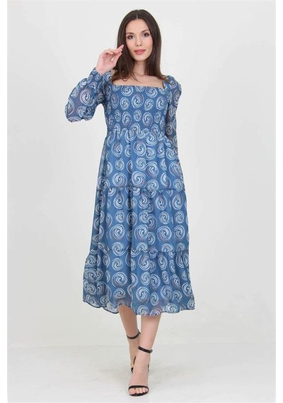 Neşeli Butik Kadın İndigo Gipeli Kare Yaka Desenli Şifon Elbise Nb100361 Indigo