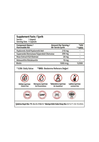 Hyaluronic Acid 210 Mg + Astaksantin 10 Mg 30 Capsules