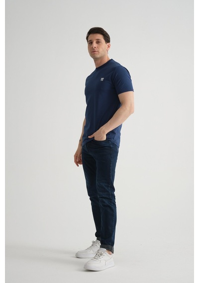 Shooter Sportwear Shooter Erkek Pamuklu Esnek T-shirt Standart Kalıp Minimal Logolu İndigo