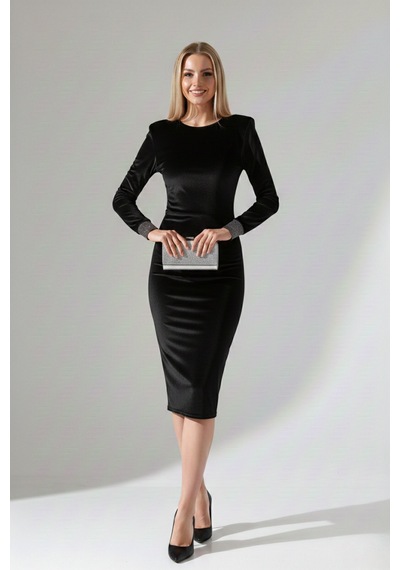 Defymoda Kadın Modern Vatkalı Midi Elbise Siyah