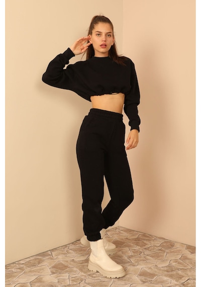 Kaktüs Moda Şardonlu 3 Iplik Kumaş Uzun Kol Kadın Sweatshirt Siya