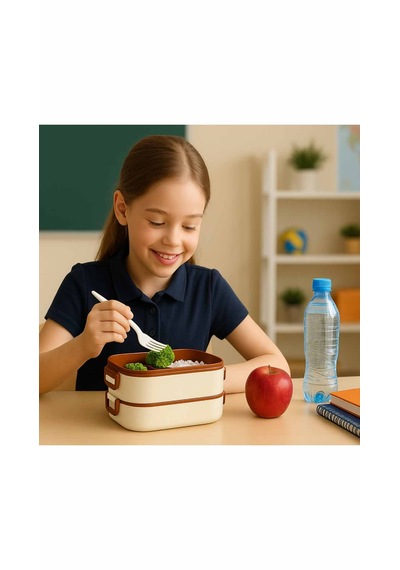 Superpup Lunch Box Beslenme Kutusu + Termos Çantalı Beslenme Yemek Saklama Taşıma Bej