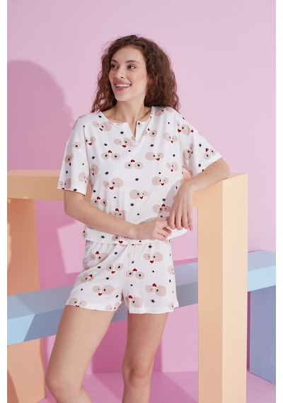 Siyah İnci Likralı Örme T-shirt-şort Pijama Takım 7809 Beyaz Göz Desenli