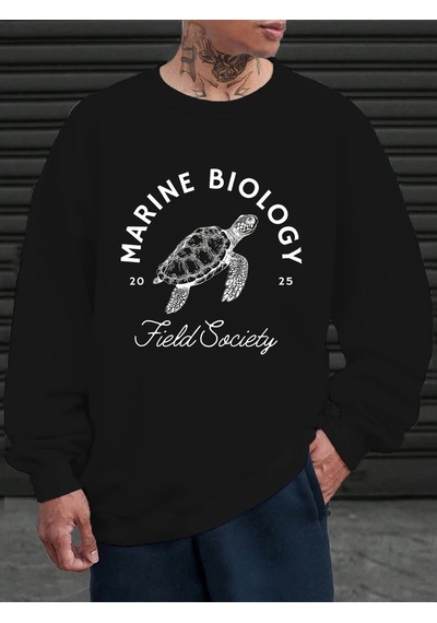 Tarzsokak Deniz Biyolojisi Kaplumbağa Baskılı Sweatshirt Erkekler İçin Bisiklet Yaka Günlük Kazaklar Po Siyah