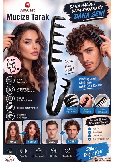Anycast Unisex Geniş Dişli Hacim Veren Şekillendirici Mucize Saç Tarağı - French Crop Doku Ve Dalga Etkili Siyah