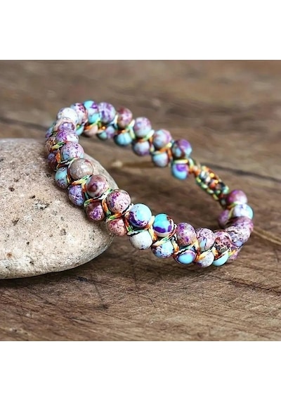 Valkyrie Doğal Taş Bileklik El Yapımı Makrome Tasarım Çok Renkli Jasper Doğal Taş Ayarlanabilir Unisex Bileklik Çok Renkli