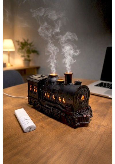 Tren Aromaterapi Hava Nemlendirici Kumandalı Led Işıklı - Buhar Makinası Duman Halkası 300 Ml Kap.