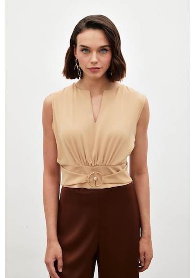 Sateen Toka Detaylı Kolsuz Bluz - Camel-134860 Sateen Toka Detaylı Kolsuz Bluz - Camel-134860
