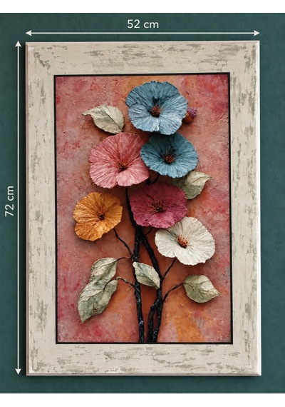 Ahşap Eskitme Çerçeve Desenli Dokulu Çiçekler Temalı Dekoratif Ahşap Tablo 52x72 Cm
