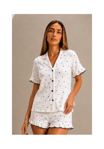 Fit Women Kadın Günlük Düğmeli V Yaka Beyaz Pijama Takımı