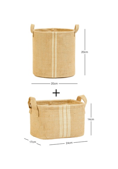 Ocean Home Textile 2'li Çizgili Jüt Sepet Set 1 Adet 20 x 20 / 1 Adet 24 x 17 x 14 cm