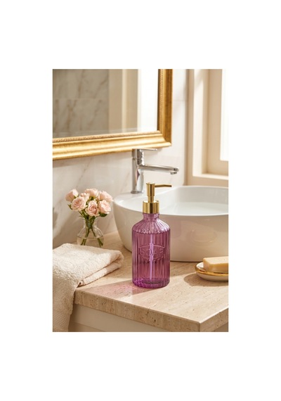 Glassy Dekoratif Cam Sabunluk Gold Pompalı Vintage Çizgili Sıvı Sabun Ve Deterjan Dispenseri - 21.5 Cm X 8 Cm - Mor