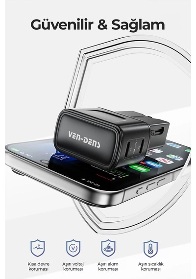 Ven-dens Vd-ta002 45 W Pd 4 Ü 1 Arada Seyahat Adaptörü, Çift Usb-c Port, Abd, İngiltere, Siyah