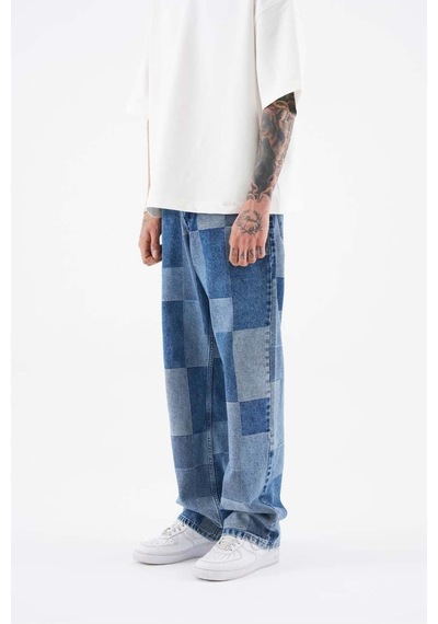 Açık Mavi Parçalı Desenli Baggy Jean Pantolon Mavi