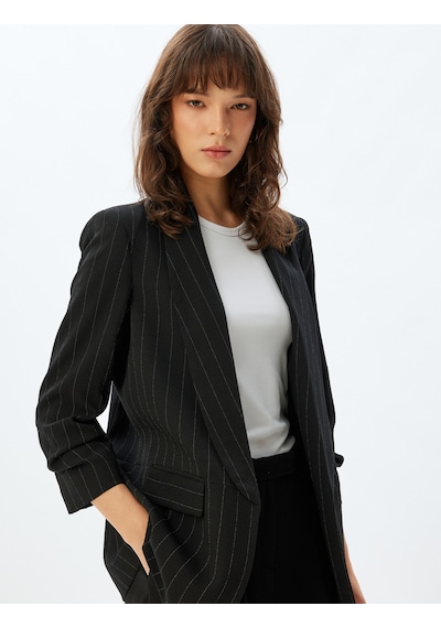 Koton Şal Yaka Blazer Ceket 3/4 Kol Kapaklı Cep Detaylı Krep Kumaş Siyah Çizgili 5wak50058uw Siyah Koton Şal Yaka Blazer Ceket 3/4 Kol Kapaklı Cep Detaylı Krep Kumaş Siyah Çizgili 5wak50058uw Siyah