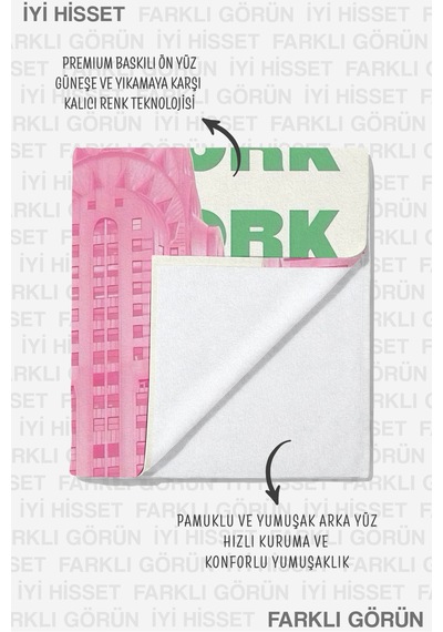 Şehir Temalı New York Plaj Havlusu - Modern Tipografik Pembe Yeşil Hızlı Kuruyan Mikrofiber Havlu Çok Renkli