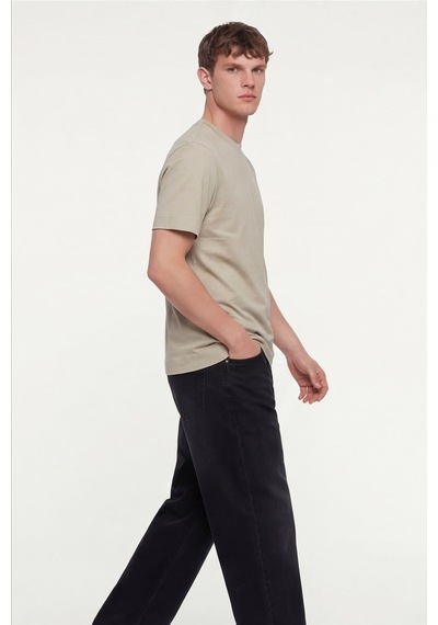 Sabri Özel Erkek Krem Normal Kesim Regular FitPamuk Dokuma Bisiklet Yaka Basic T-shirt