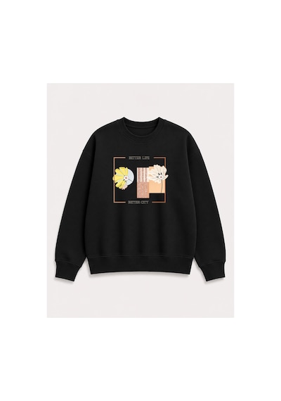Herkesemoda Better Life Baskı Detaylı Bisiklet Yaka Şardonlu 2 İplik Sweatshirt Siyah