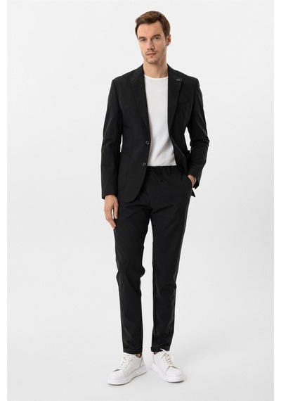 Süvari Siyah Slim Fit Düz Sivri Yaka 6 Drop Spor Takım Elbise