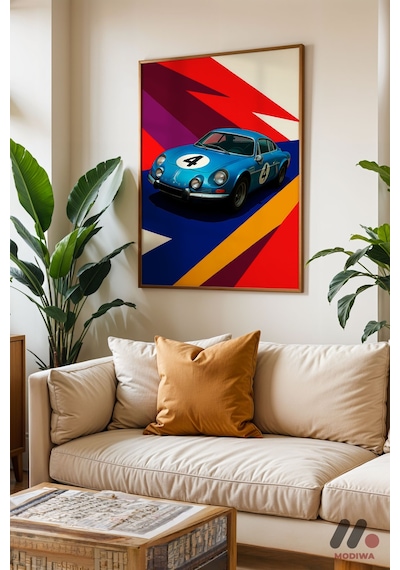 Mavi Ralli Arabası Pop Art, Ahşap Çerçeveli Duvar Tablosu - Oto Severlere Özel Hediye