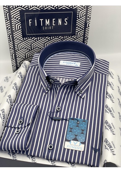 Slim Fit Uzun Kol Premium Kalın Çizgili Yaka Düğmeli Hediye Kutulu Kolay Ütülenebilir Erkek Gömlek Fs-001375 - Lacivert-1489