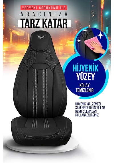 Siyah - Gri Panda Hunter Lacoste Kumaş Ortopedik Destekli Oto Koltuk Kılıfı-tam Set