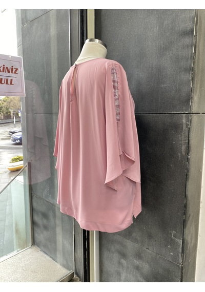 Pera Moda Yanları Boncuklu Zarif Kollu Uzun Oversize Büyük Beden Kadın Gömlek Pudra