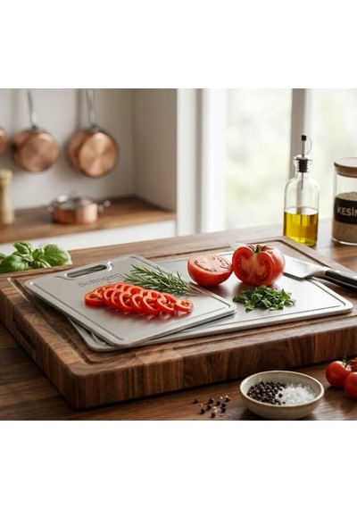 Solingen Paslanmaz Çelik Kesim Panosu, Gümüş, 2'li Set, 230x340mm Ve 200x300mm