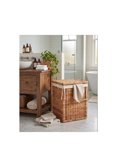Branas Doğal Rattan Kirli Çamaşır Sepeti 80 Lt Kapaklı Ve Yıkanabilir Astarlı Hasır Sepet 40 X 40 X 57 Cm Bej