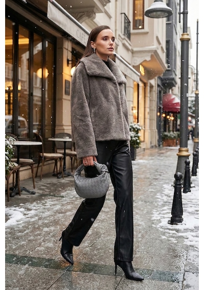 Lela Oversize Fit Geniş Yaka Astarlı Bayan Kürk 497Afra Gri