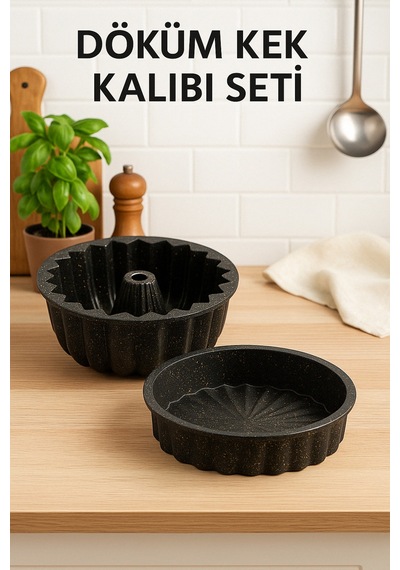 Granit Döküm Turta Ve Dilimli Kek Kalıbı Seti 2'li Set Siyah