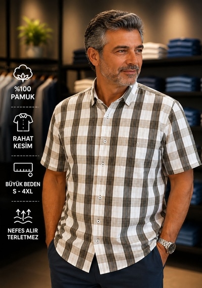 Beyome Erkek Kısa Kol Kareli Gömlek Büyük Beden Xxl-4xl %100 Pamuk Nefes Alır Yazlık Açık Kahverengi