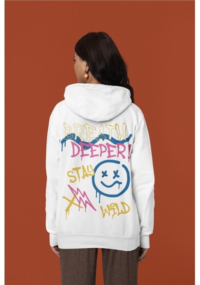 Breath Deeper Yazılı Unisex Oversize Tasarım Hoodie Beyaz