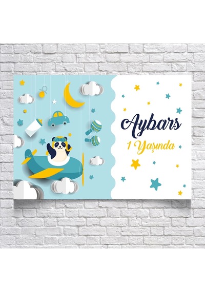 Uçakta Uçan Panda Temalı Doğum Günü Afişi 35x50 Cm